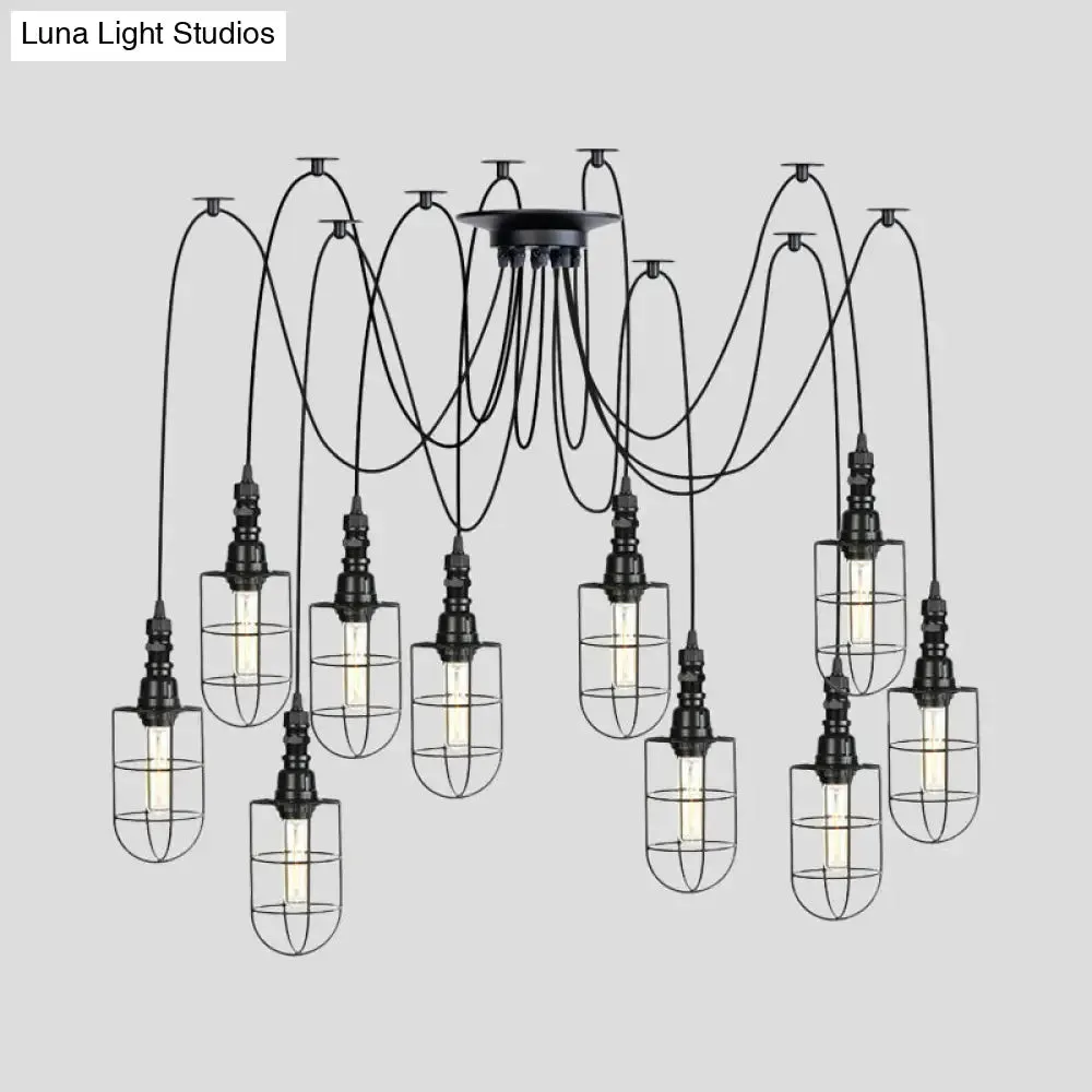 Antiqued Caged Iron Swag Pendant Lighting - 2/3/6 Bulbs, Mini Multiple Hanging Lamp in Black