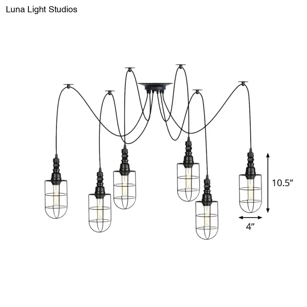 Antiqued Caged Iron Swag Pendant Lighting - 2/3/6 Bulbs, Mini Multiple Hanging Lamp in Black