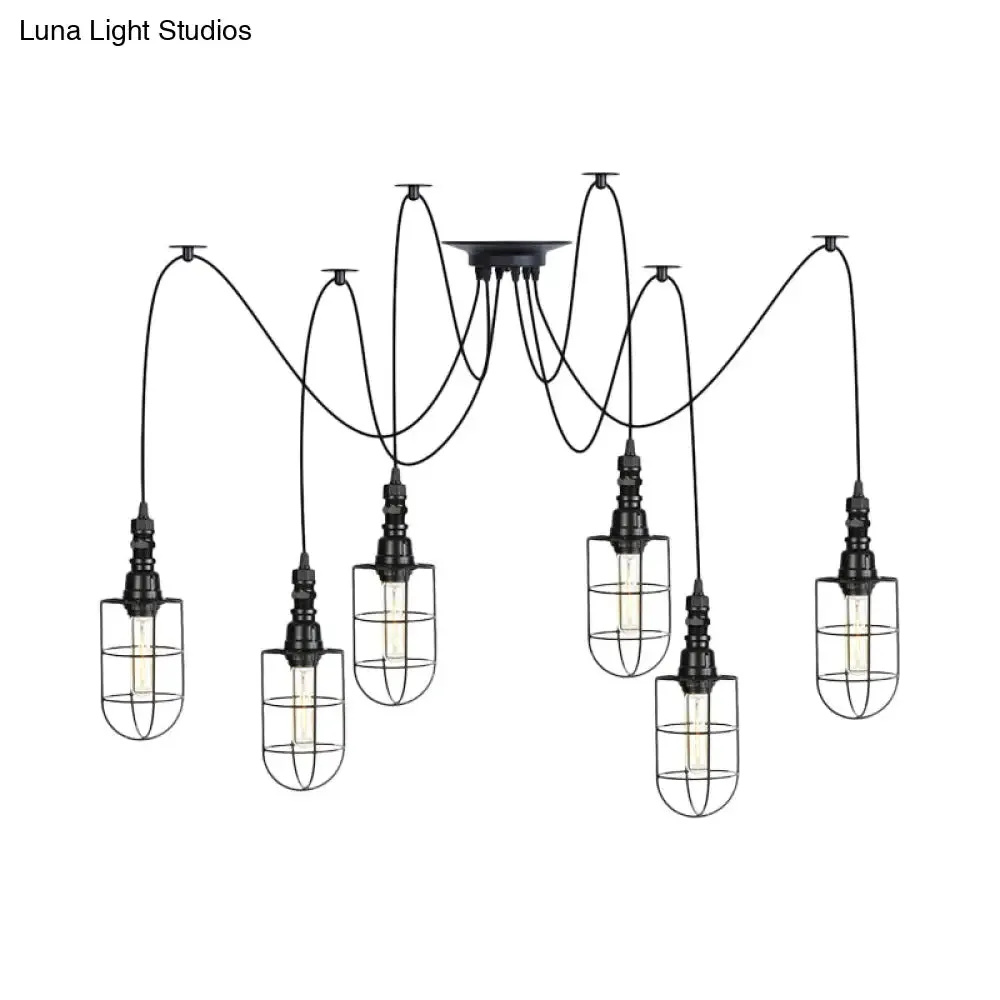 Antiqued Caged Iron Swag Pendant Lighting - 2/3/6 Bulbs, Mini Multiple Hanging Lamp in Black