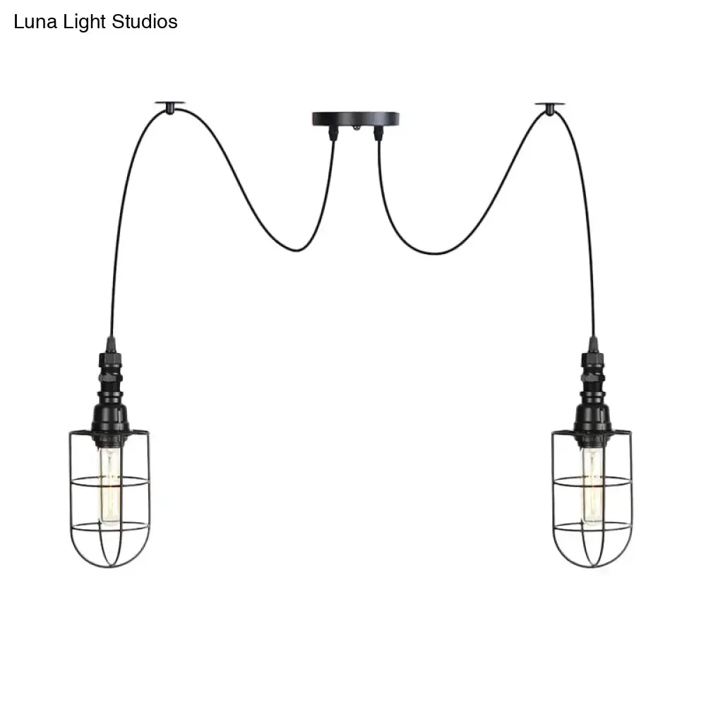 Antiqued Caged Iron Swag Pendant Lighting - 2/3/6 Bulbs, Mini Multiple Hanging Lamp in Black