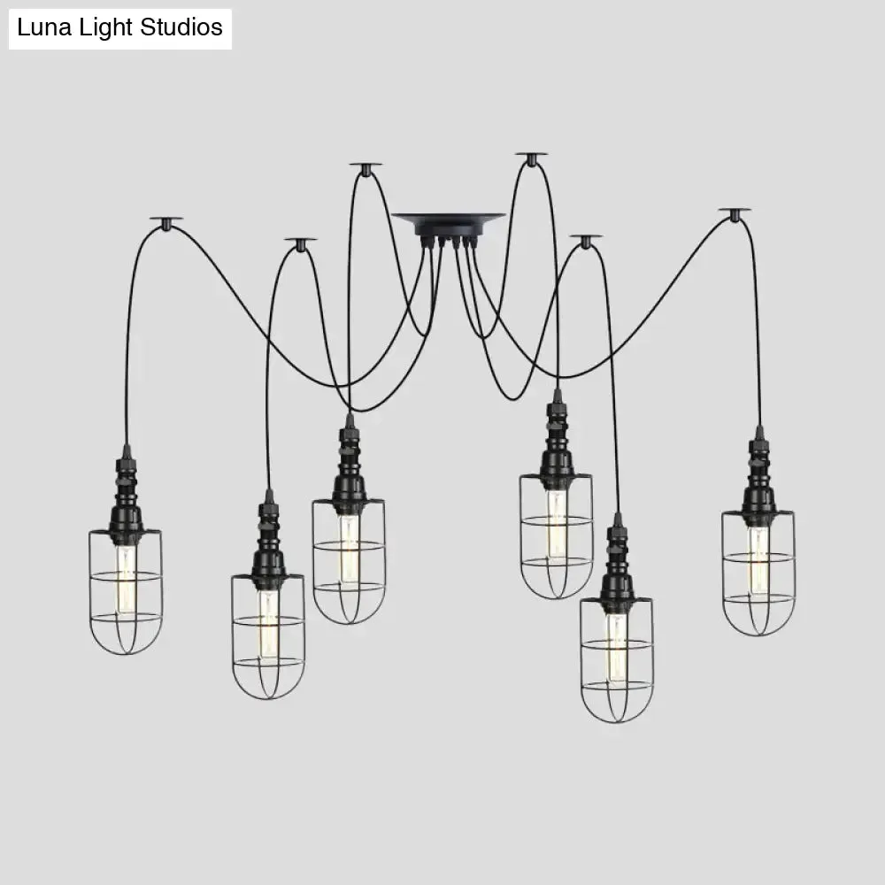 Antiqued Caged Iron Swag Pendant Lighting - 2/3/6 Bulbs, Mini Multiple Hanging Lamp in Black