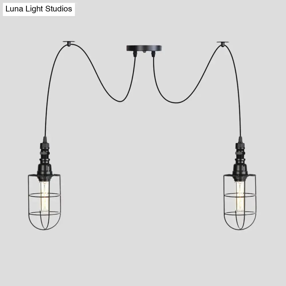 Antiqued Caged Iron Swag Pendant Lighting - 2/3/6 Bulbs, Mini Multiple Hanging Lamp in Black