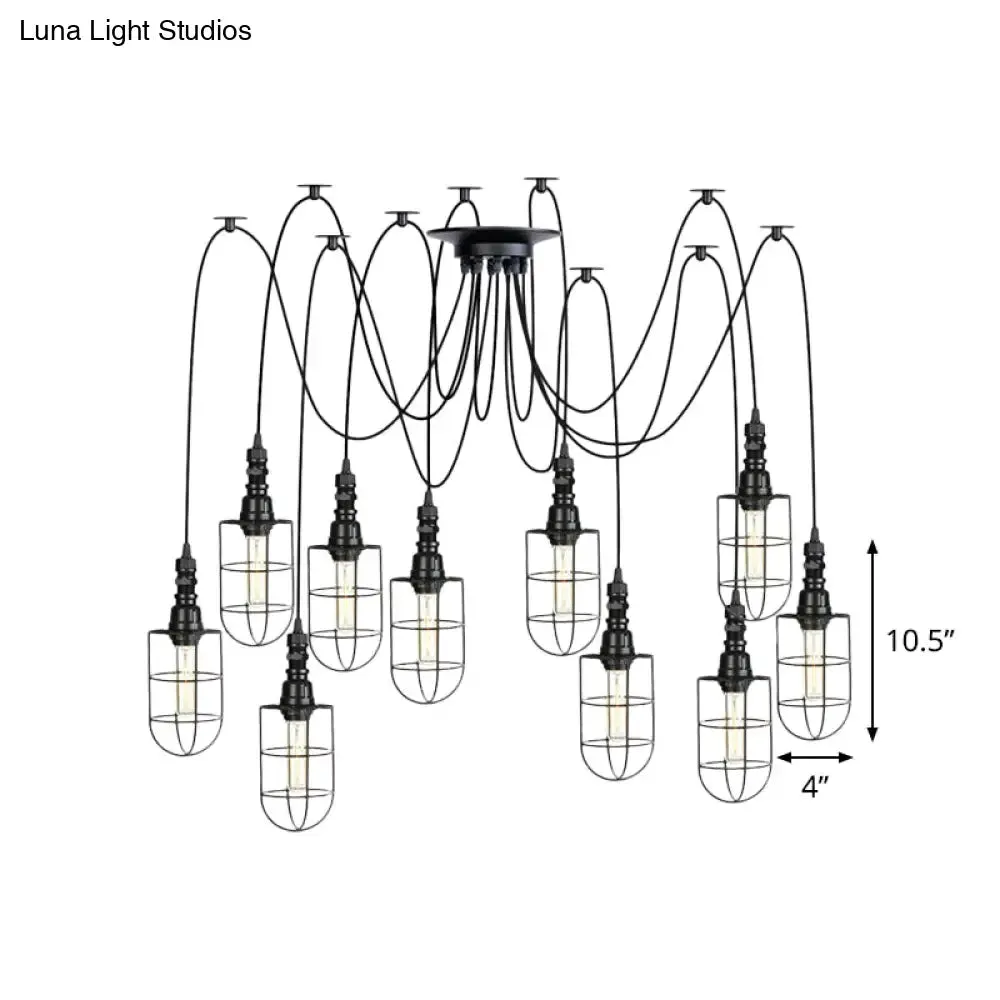 Antiqued Caged Iron Swag Pendant Lighting - 2/3/6 Bulbs, Mini Multiple Hanging Lamp in Black