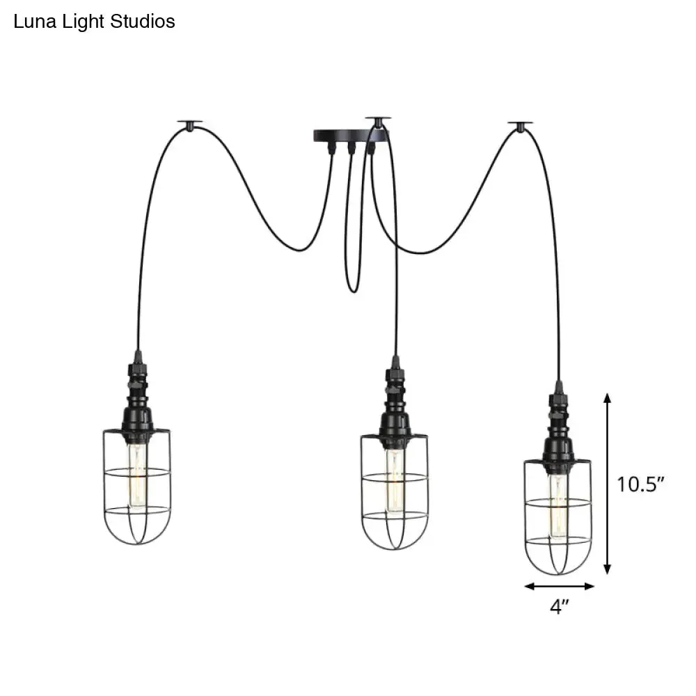 Antiqued Caged Iron Swag Pendant Lighting - 2/3/6 Bulbs, Mini Multiple Hanging Lamp in Black