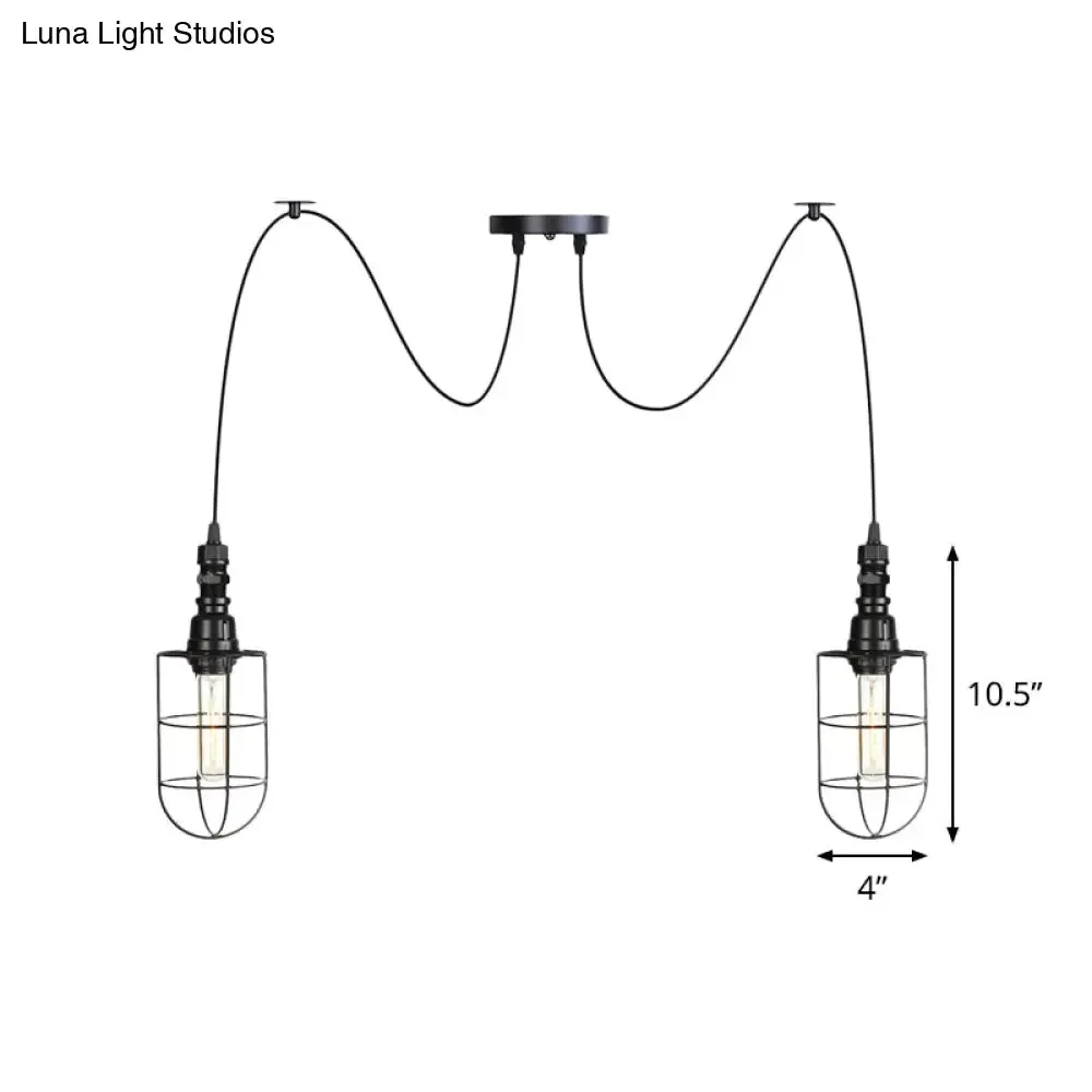 Antiqued Caged Iron Swag Pendant Lighting - 2/3/6 Bulbs, Mini Multiple Hanging Lamp in Black