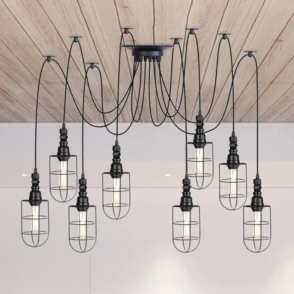 Antiqued Caged Iron Swag Pendant Lighting - 2/3/6 Bulbs, Mini Multiple Hanging Lamp in Black