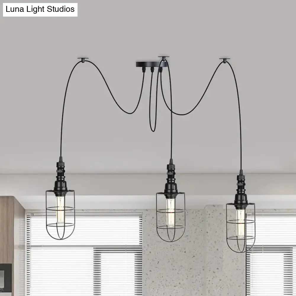 Antiqued Caged Iron Swag Pendant Lighting - 2/3/6 Bulbs, Mini Multiple Hanging Lamp in Black