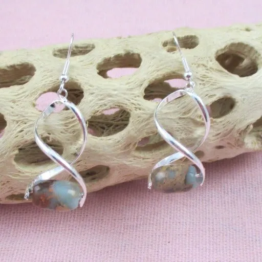 Aqua Snake Skin Jasper Long and Dangling Earrings