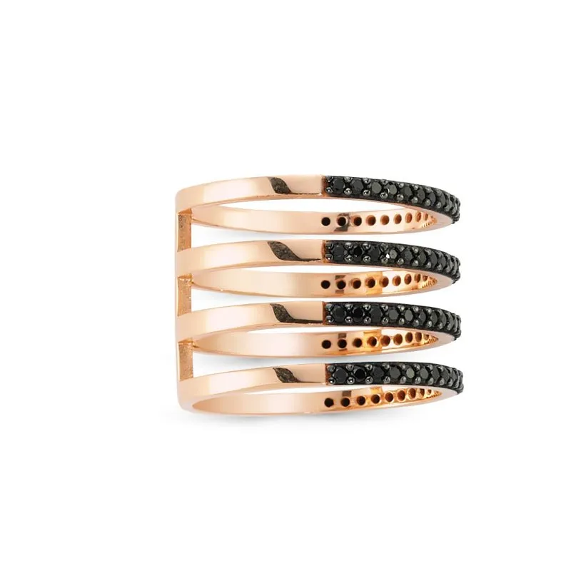 Black Dainty Four Multi Band Silver Stacked Ring