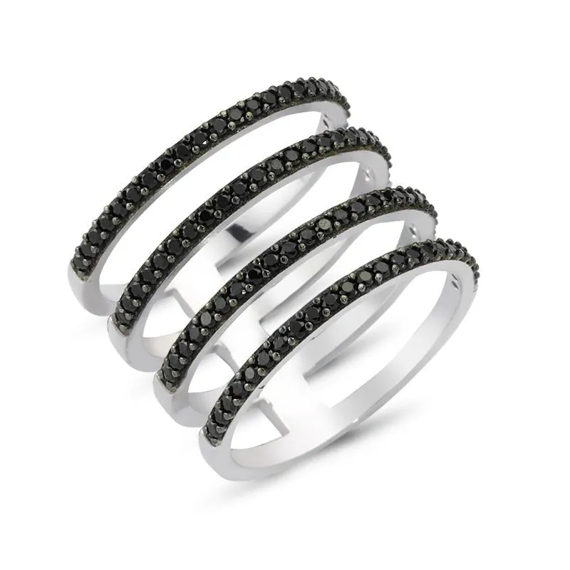 Black Dainty Four Multi Band Silver Stacked Ring