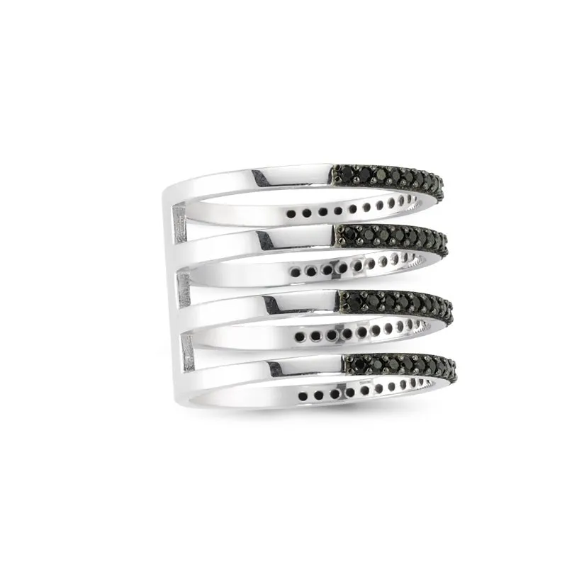 Black Dainty Four Multi Band Silver Stacked Ring