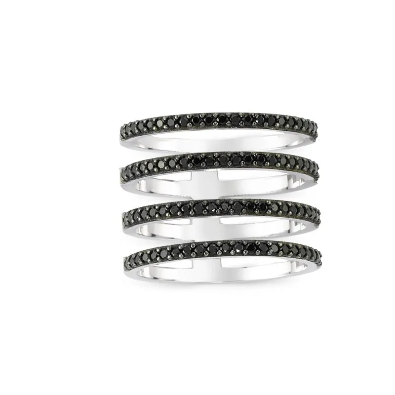 Black Dainty Four Multi Band Silver Stacked Ring