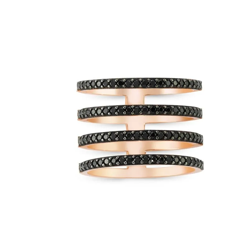 Black Dainty Four Multi Band Silver Stacked Ring