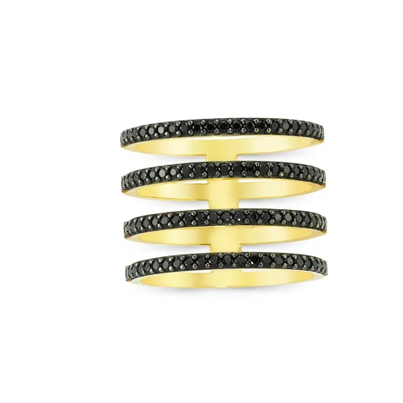 Black Dainty Four Multi Band Silver Stacked Ring