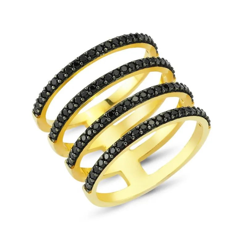 Black Dainty Four Multi Band Silver Stacked Ring