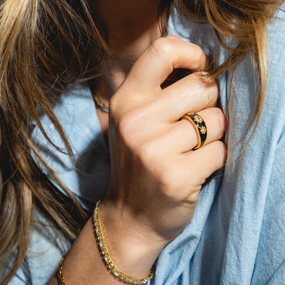 Black Enamel Star Set Ring