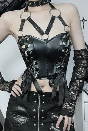 Black Gothic Lace-Up Bustier Crop Top