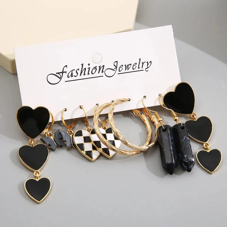 Black Heart Earrings Set of 6