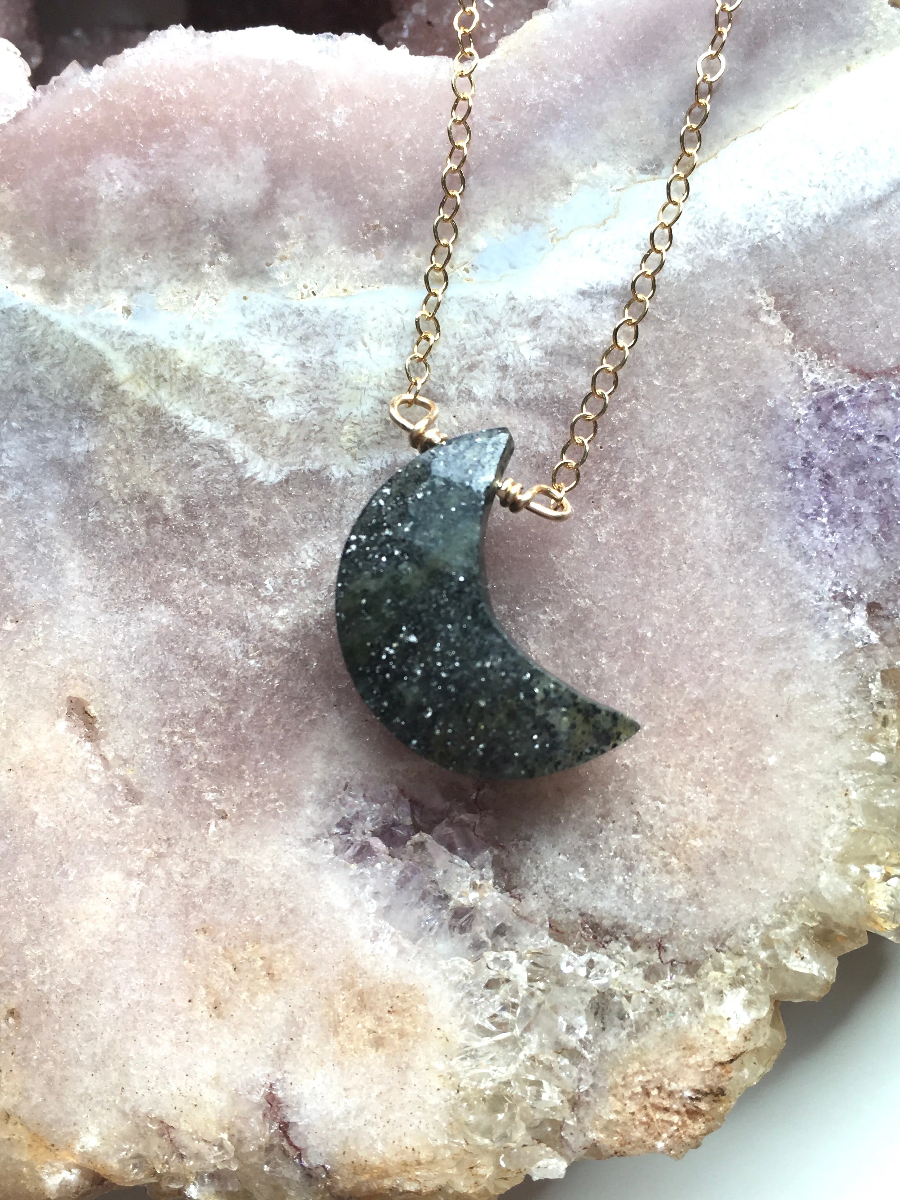 Black Sunstone Moon Pendant Crystal Necklace Sterling Silver or 14kt Gold Filled