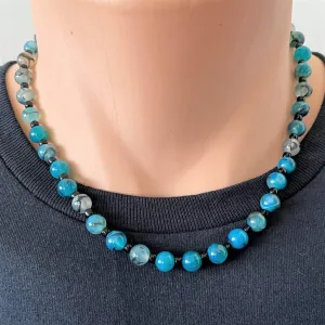 Blue and Black Streak Agate Mens Beaded Necklace