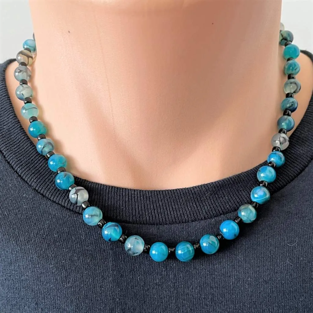 Blue and Black Streak Agate Mens Beaded Necklace