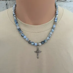 Blue and White Agate Mens Beaded Necklace with Silver Cross