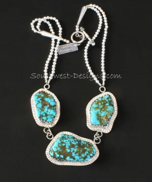 Blue Vein Turquoise and Sterling Silver 3-Pendant Necklace with 2 Strands of Sterling Silver Rounds, Sterling Cones & Toggle Clasp