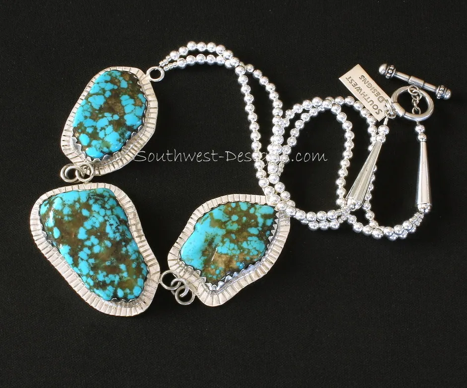 Blue Vein Turquoise and Sterling Silver 3-Pendant Necklace with 2 Strands of Sterling Silver Rounds, Sterling Cones & Toggle Clasp