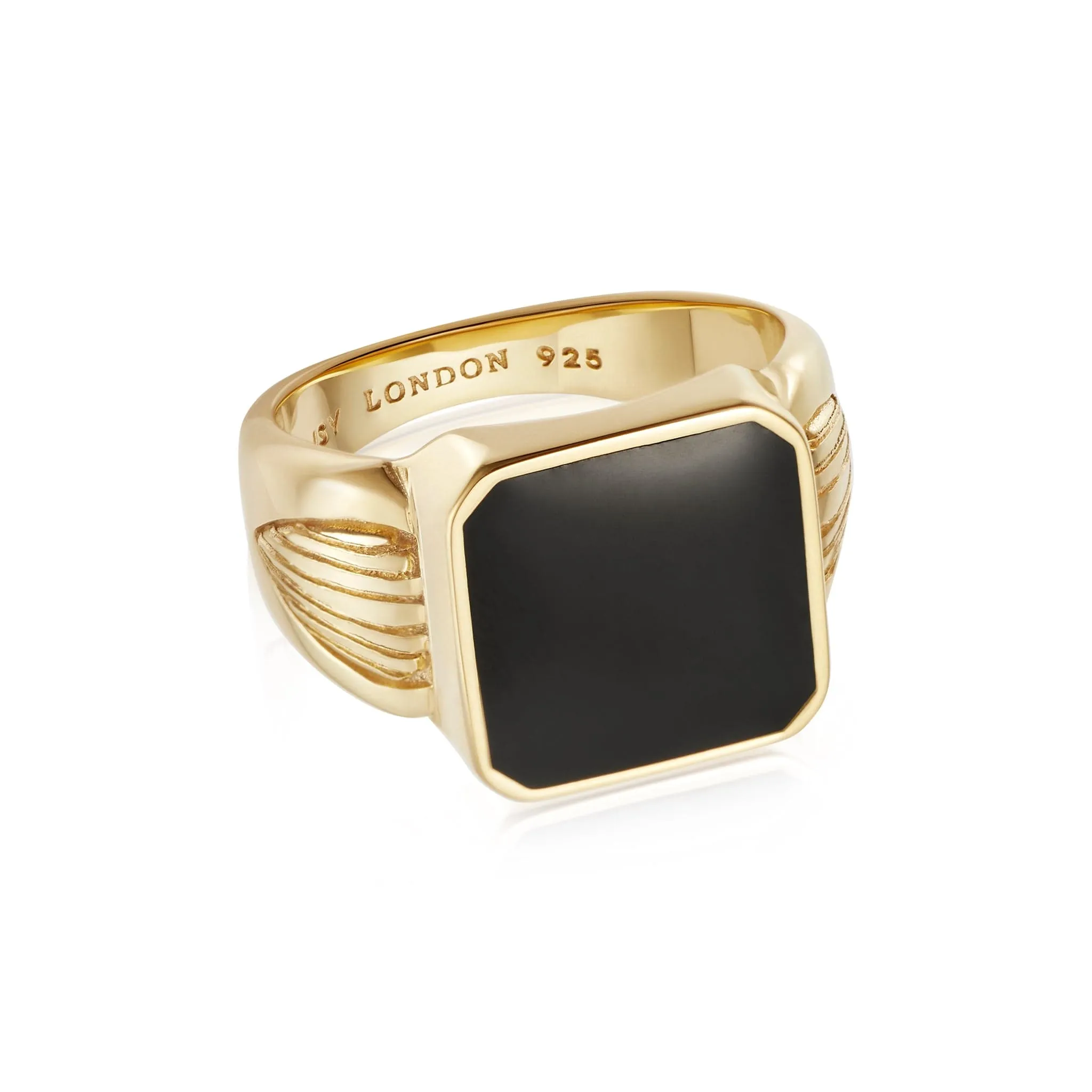 Bold Black Enamel Signet Ring 18ct Gold Plate