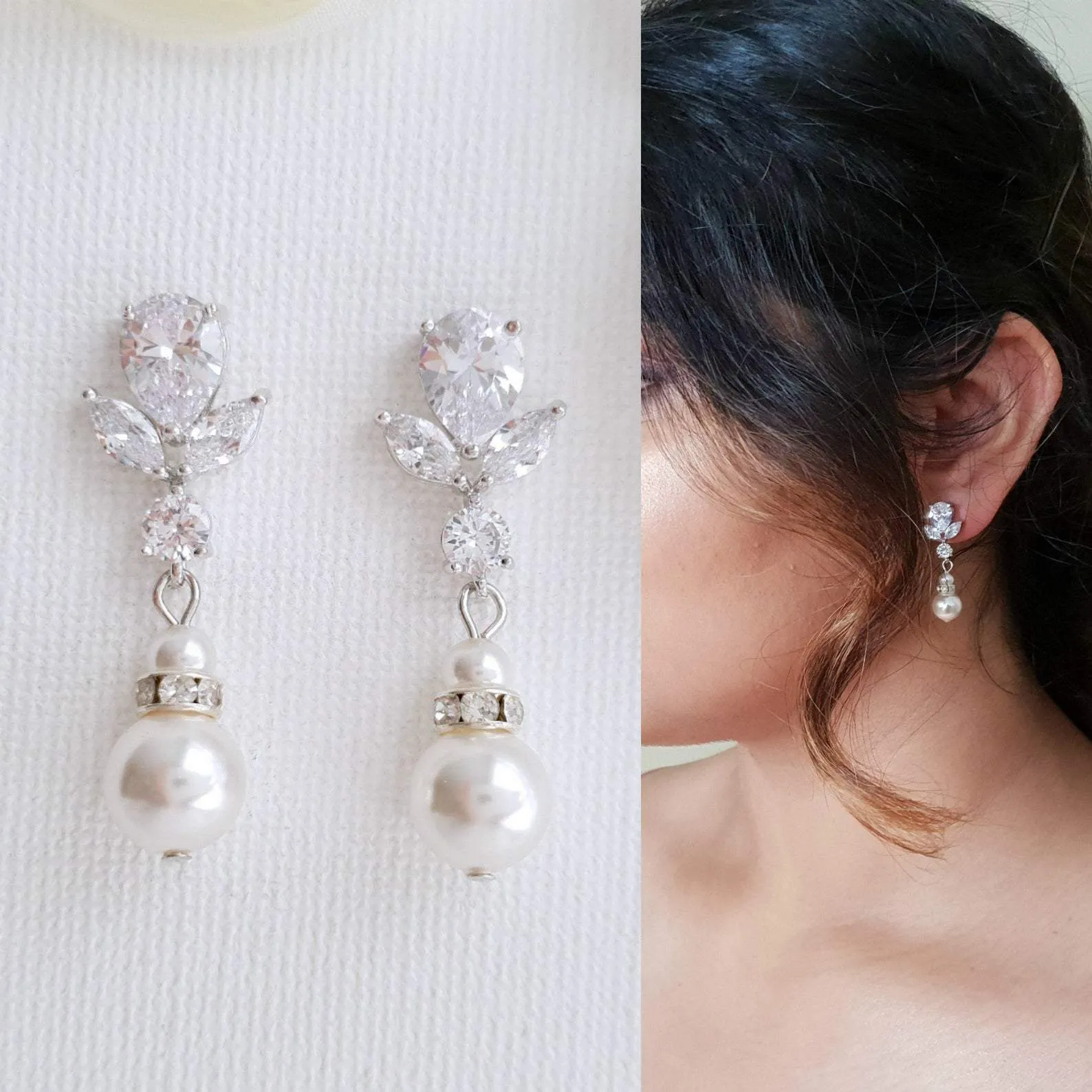 Bridal Earrings in Rose Gold and Pearl Drops-Nicole