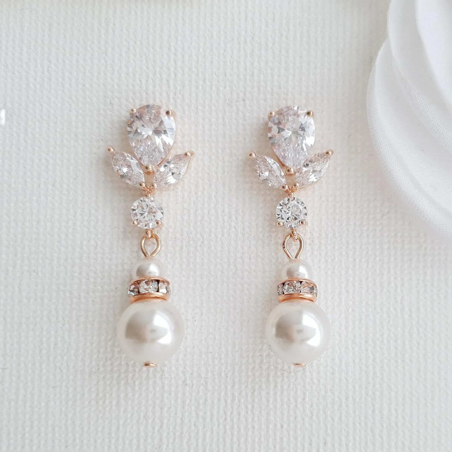 Bridal Earrings in Rose Gold and Pearl Drops-Nicole