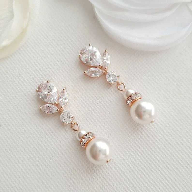 Bridal Earrings in Rose Gold and Pearl Drops-Nicole