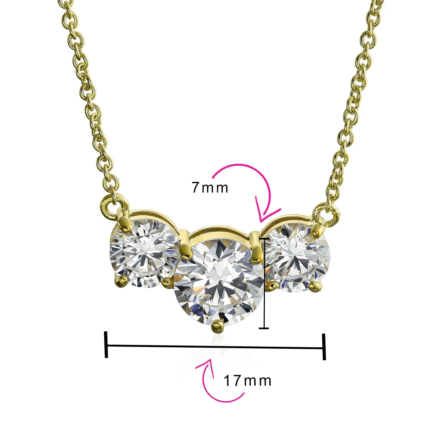 Bridal Necklace Classic CZ Solitaire 2CTW Three Stone Choker in Gold or Silver