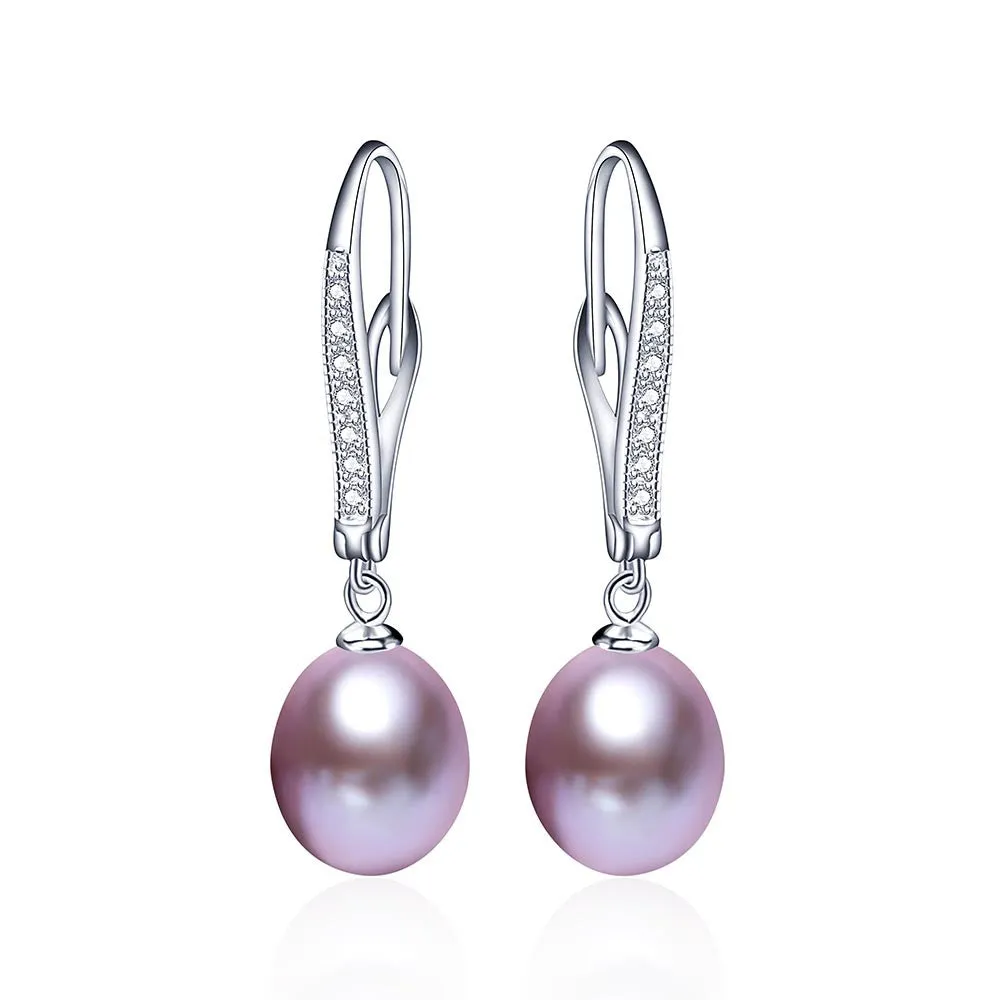 Classic Pearl Earrings,Genuine natural freshwater pearl dangle earrings for women, silver drop earrings 8-9mm