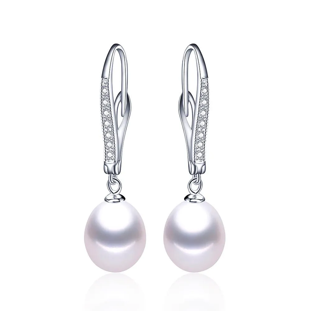 Classic Pearl Earrings,Genuine natural freshwater pearl dangle earrings for women, silver drop earrings 8-9mm