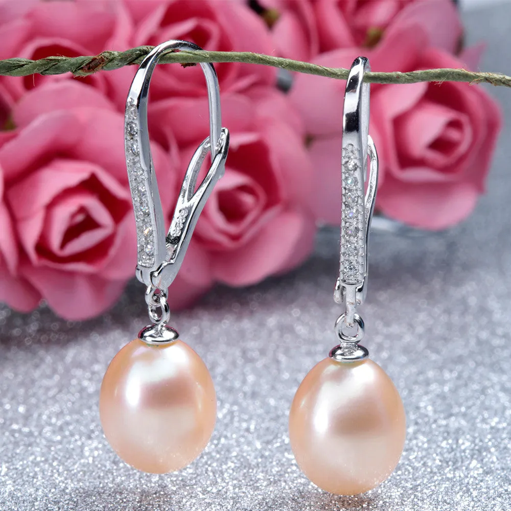 Classic Pearl Earrings,Genuine natural freshwater pearl dangle earrings for women, silver drop earrings 8-9mm