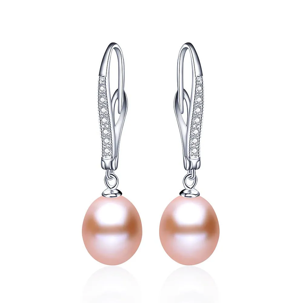 Classic Pearl Earrings,Genuine natural freshwater pearl dangle earrings for women, silver drop earrings 8-9mm