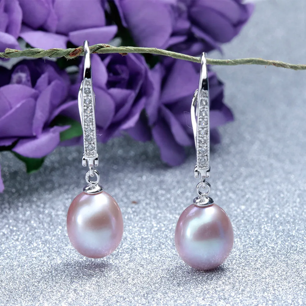 Classic Pearl Earrings,Genuine natural freshwater pearl dangle earrings for women, silver drop earrings 8-9mm