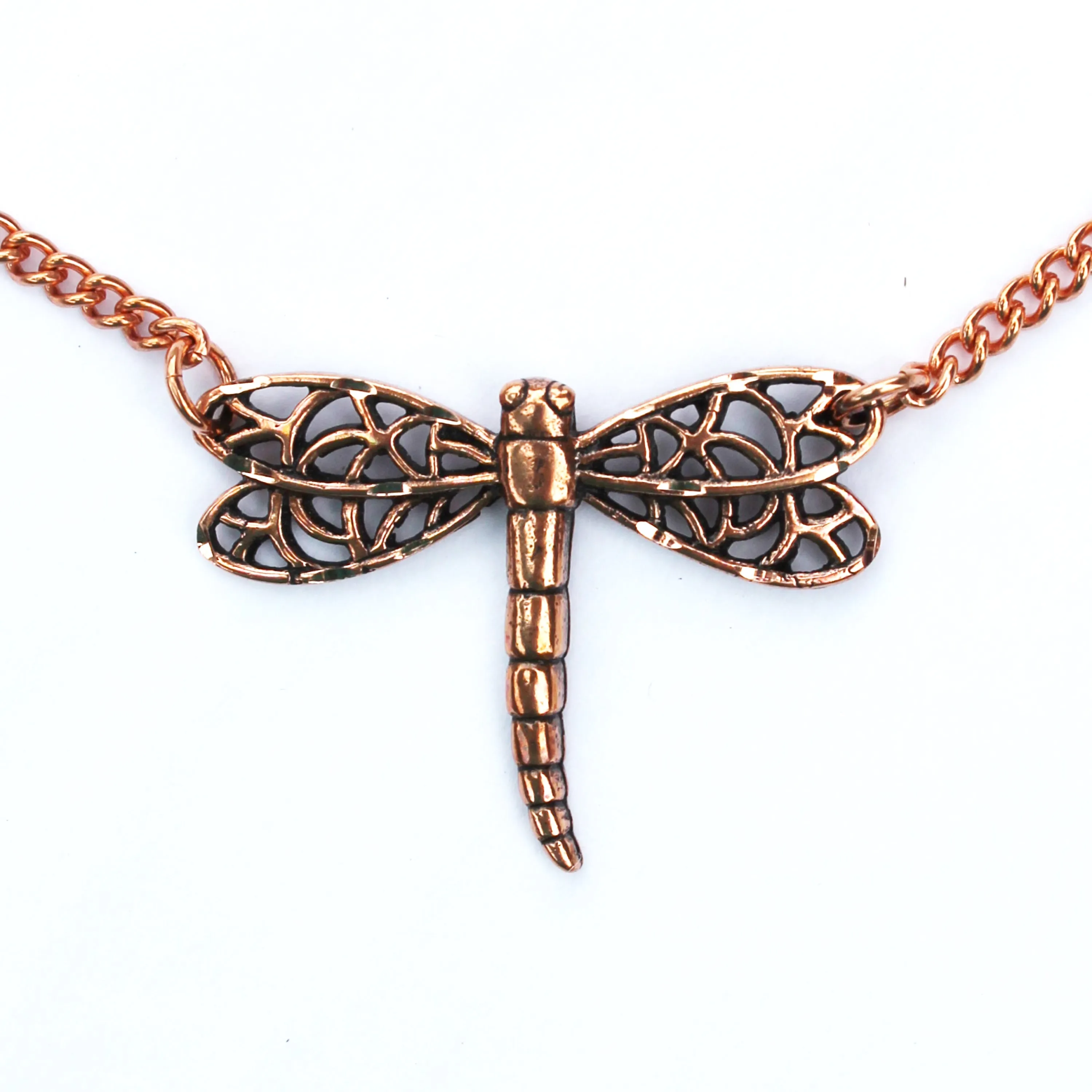 Copper Dragonfly Pendant Necklace Copper Festoon Curb Chain Necklace 30 mm Lucky Dragonfly Charm