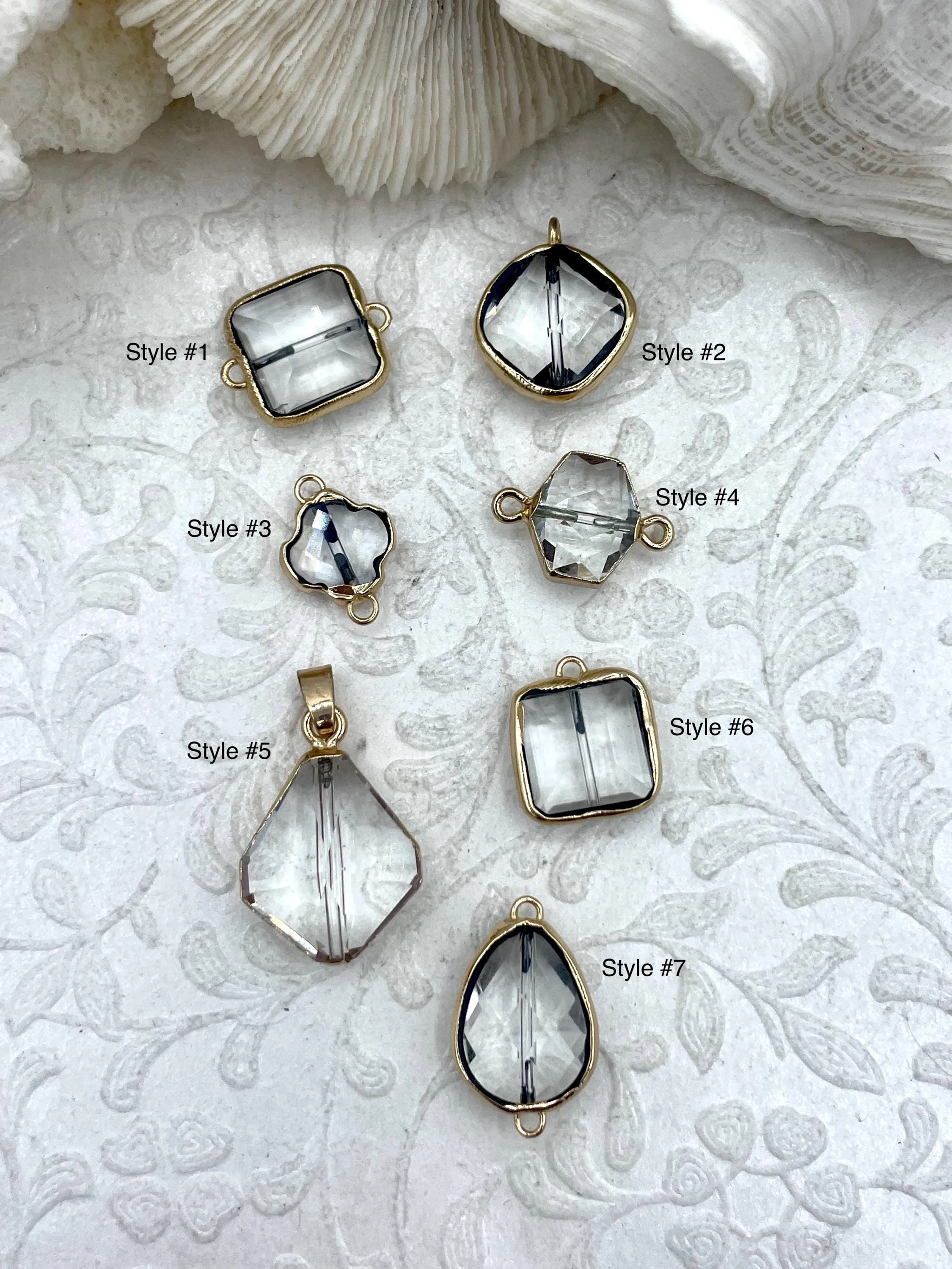 Crystal Gold Soldered Pendants and charms. Square, Teardrop, Drop, Square connector , 7 Styles to choose from. Fast Shipping