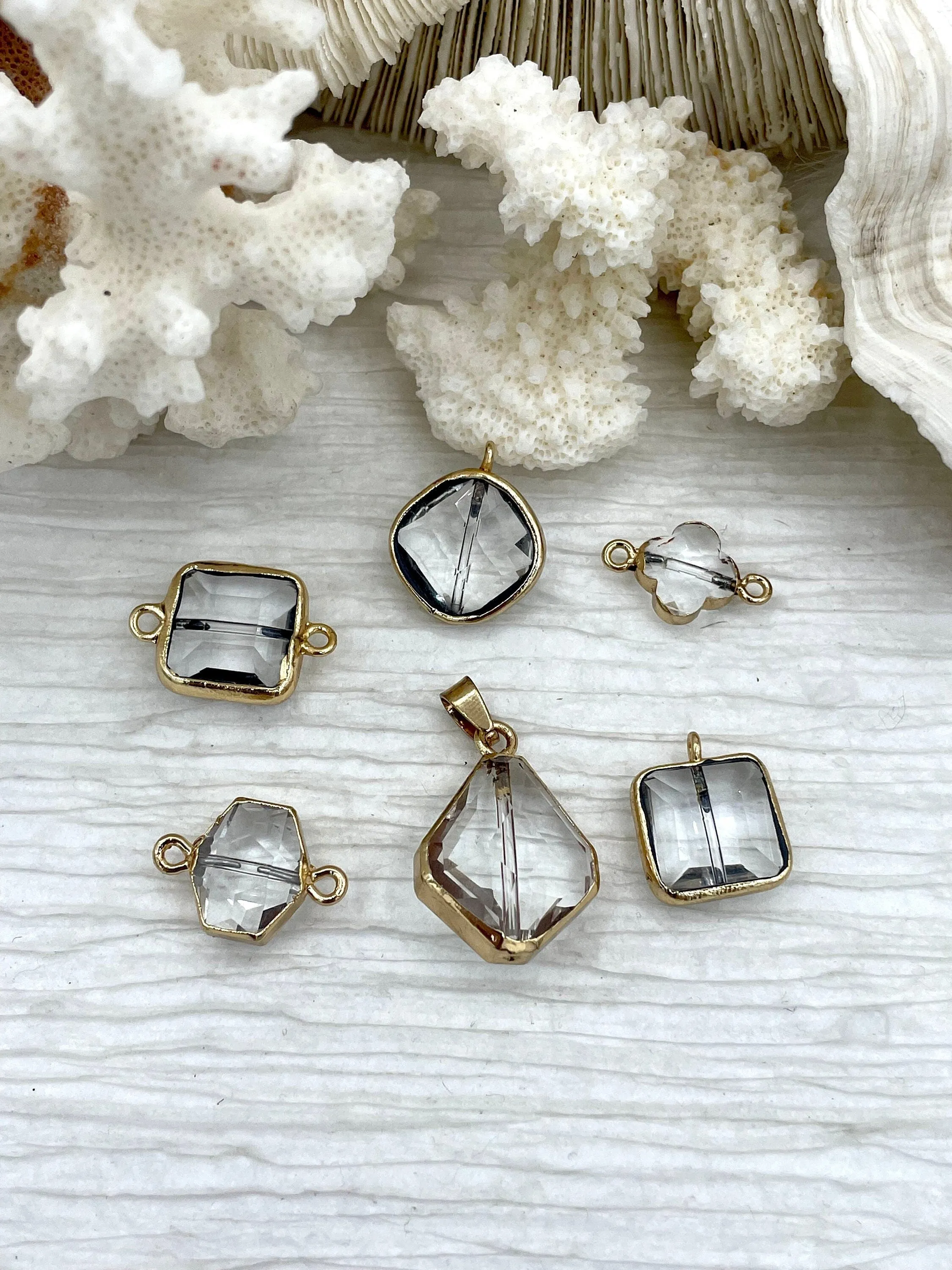 Crystal Gold Soldered Pendants and charms. Square, Teardrop, Drop, Square connector , 7 Styles to choose from. Fast Shipping