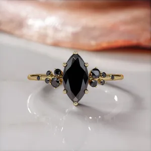 Darkiopeia -   Cluster  Natural Black Diamond Marquise Engagement Ring  in Yellow Gold