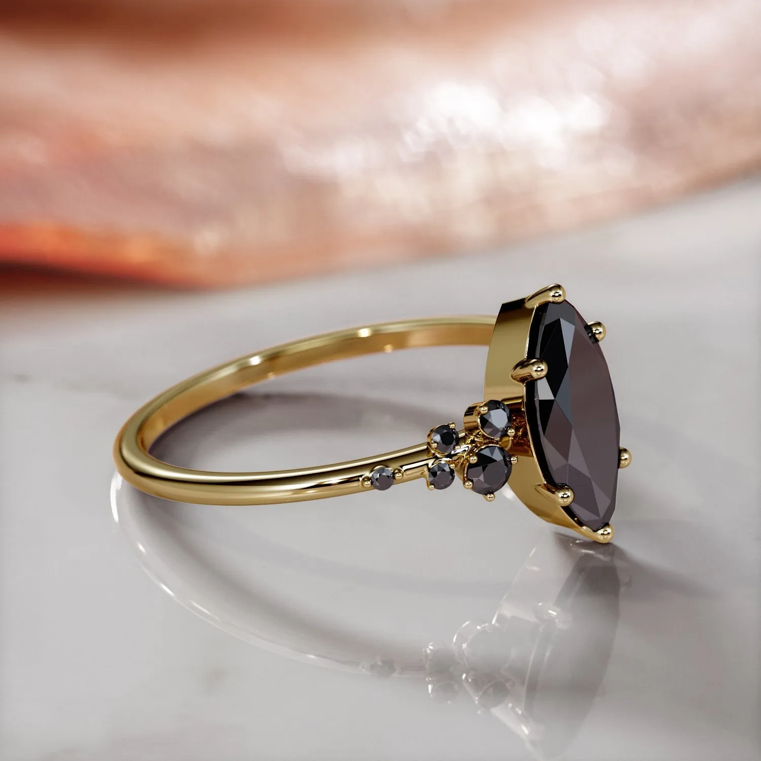 Darkiopeia -   Cluster  Natural Black Diamond Marquise Engagement Ring  in Yellow Gold