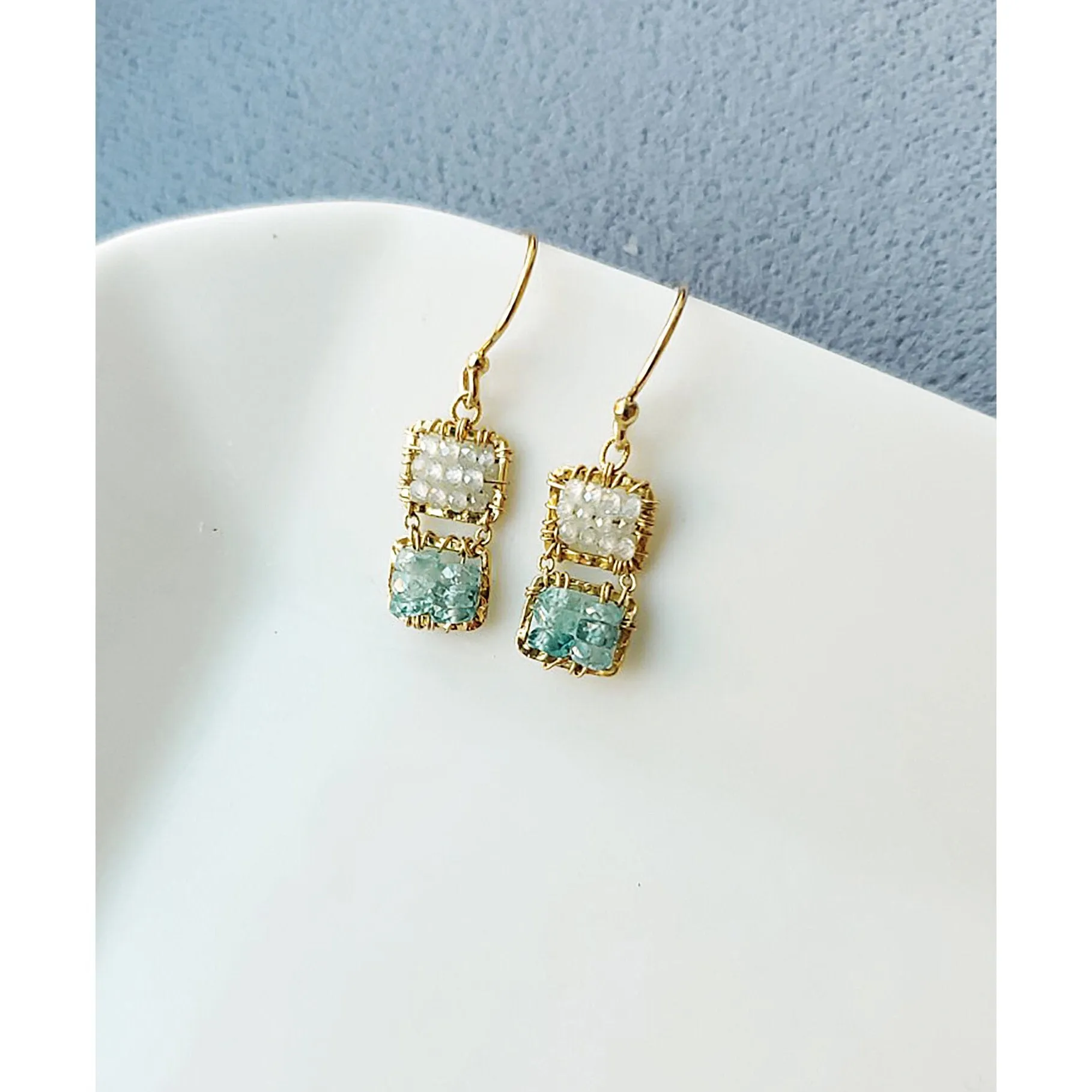 Double Box Earrings 4243 with Natural White Zircon and Natural Blue Zircon by Michelle Pressler Jewelry