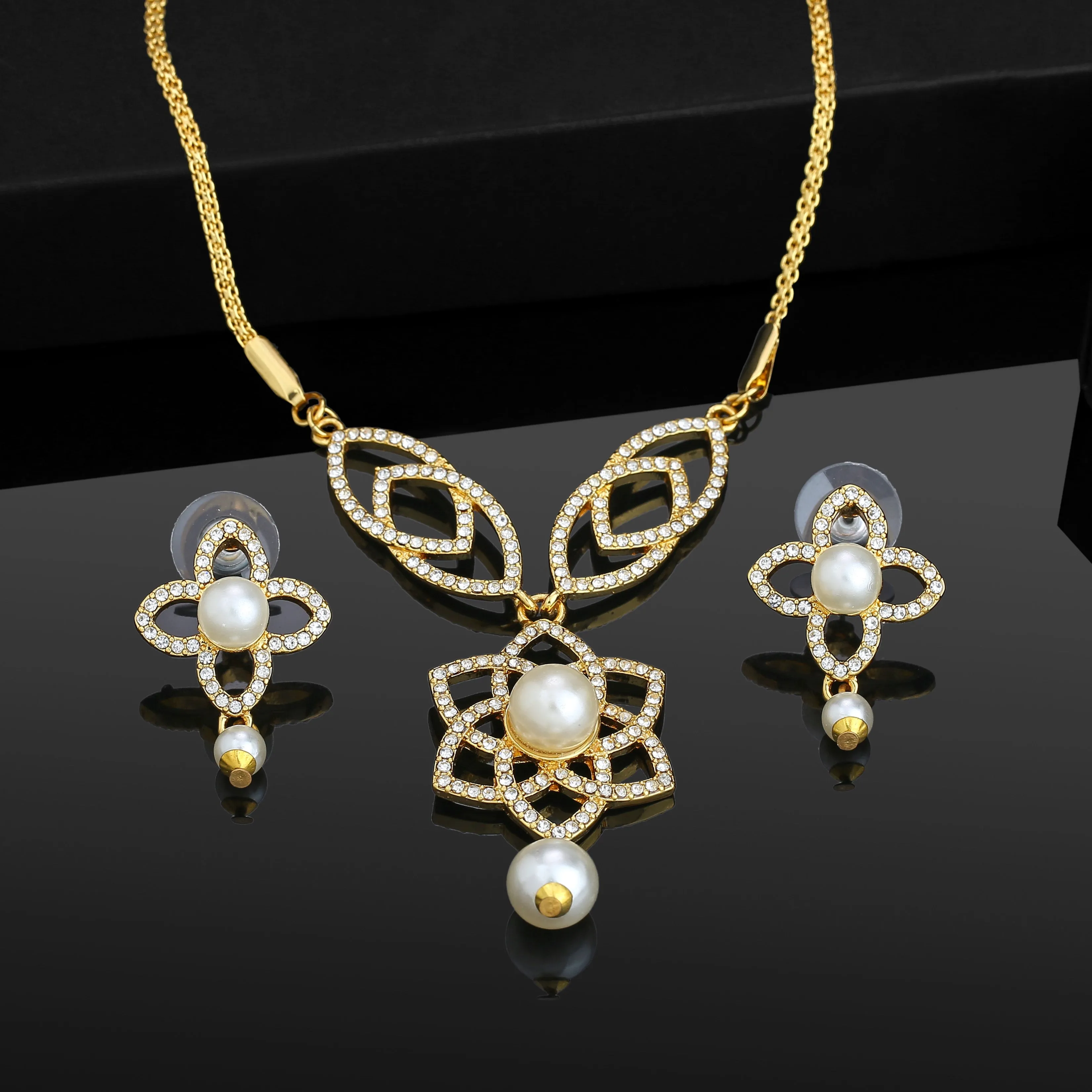 Estele - 24 CT gold Plated Flower American Diamond Pendant Set for Women