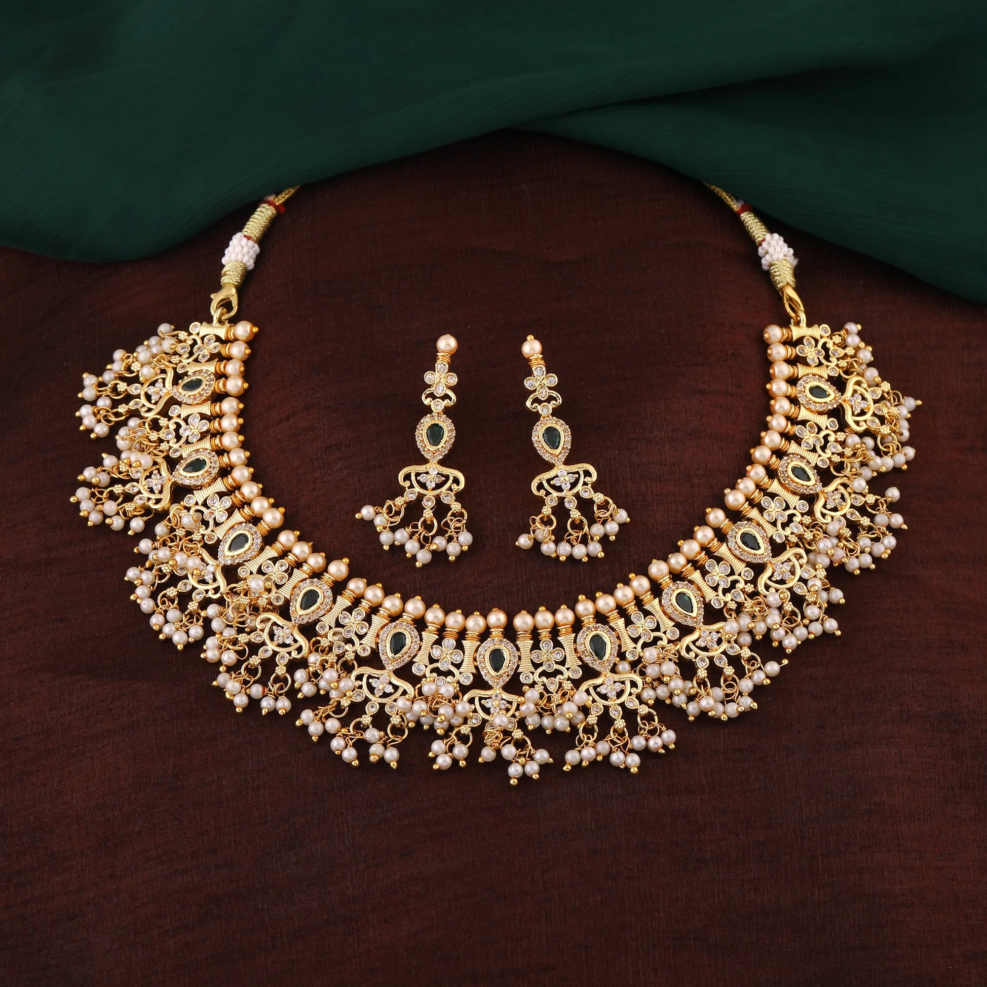 Estele Gold Plated CZ Fascinating Necklace Set with Pearls for Women