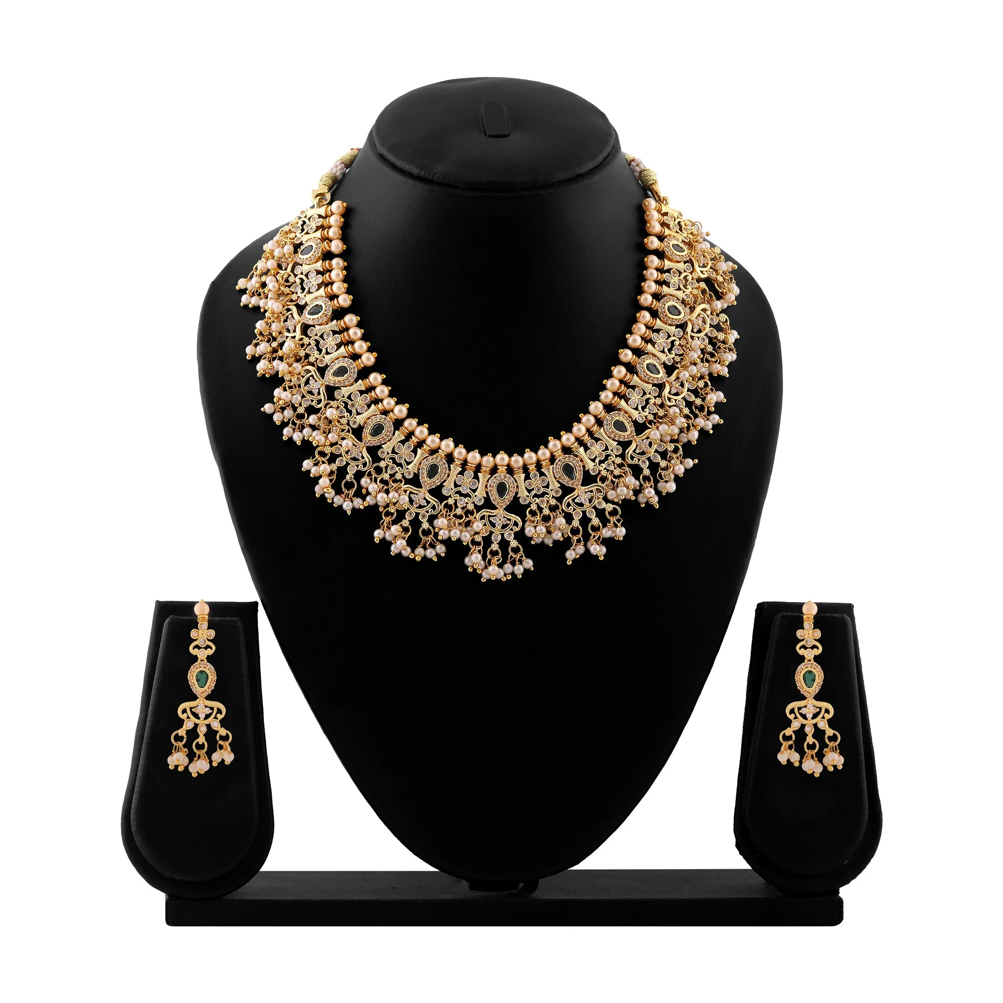 Estele Gold Plated CZ Fascinating Necklace Set with Pearls for Women