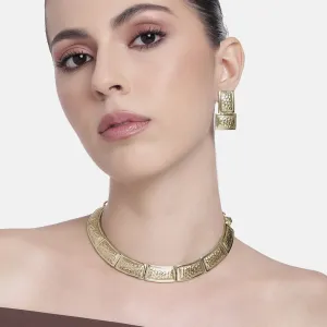 Estele Gold Tone Trendy Rectangular Box Design Beaten Gold Necklace Set for Women