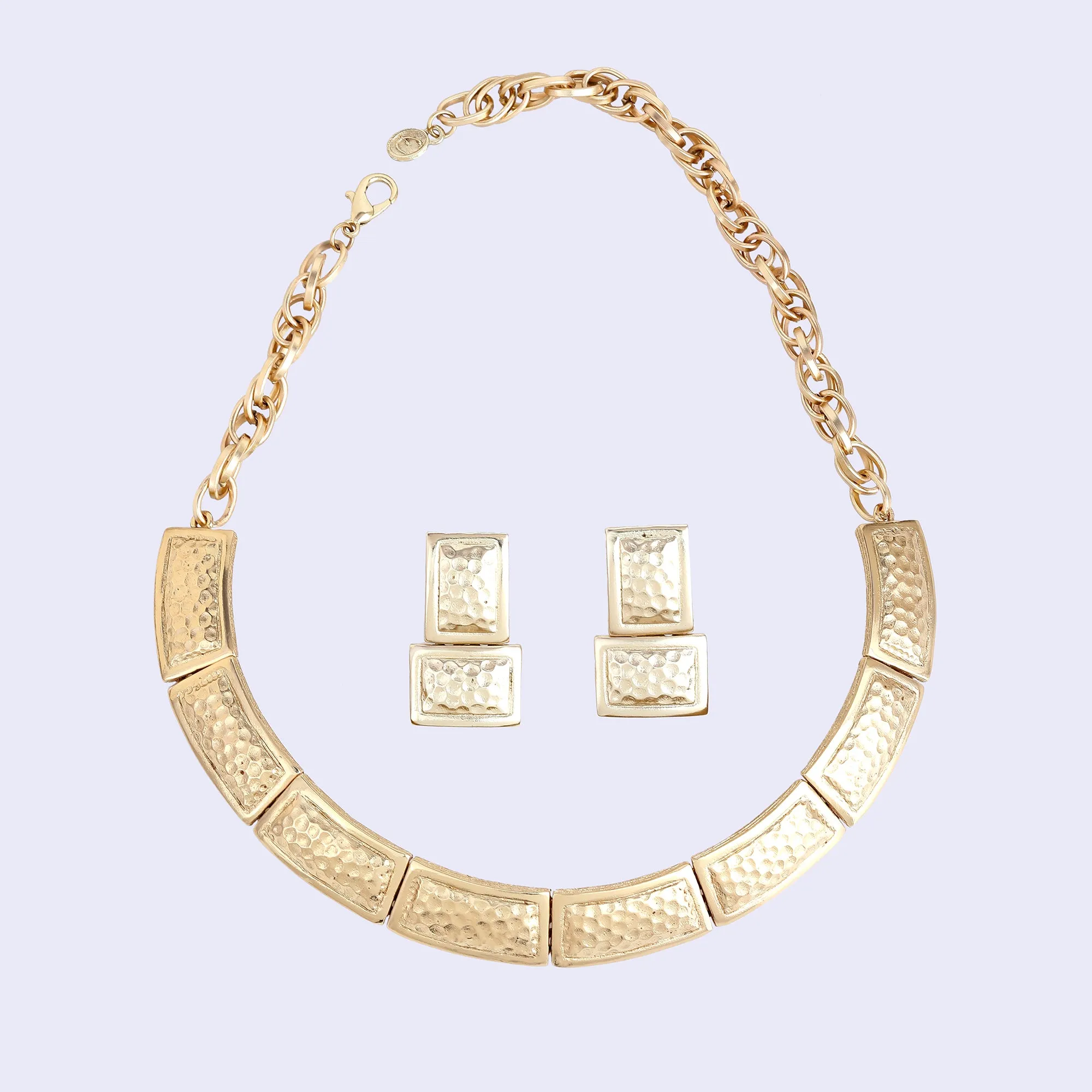 Estele Gold Tone Trendy Rectangular Box Design Beaten Gold Necklace Set for Women