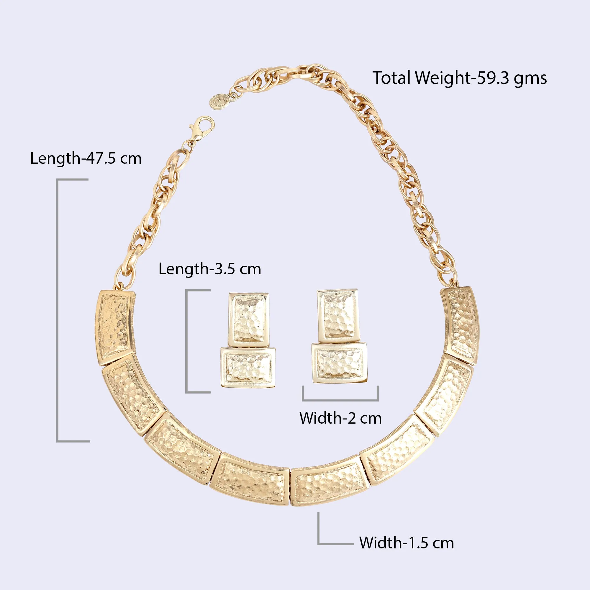 Estele Gold Tone Trendy Rectangular Box Design Beaten Gold Necklace Set for Women